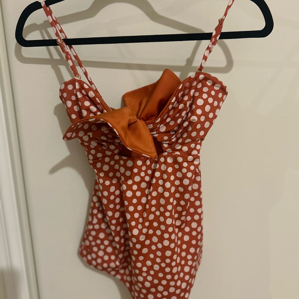 Polka Dot Tie-Front One-Piece Swimsuit in Rust/White